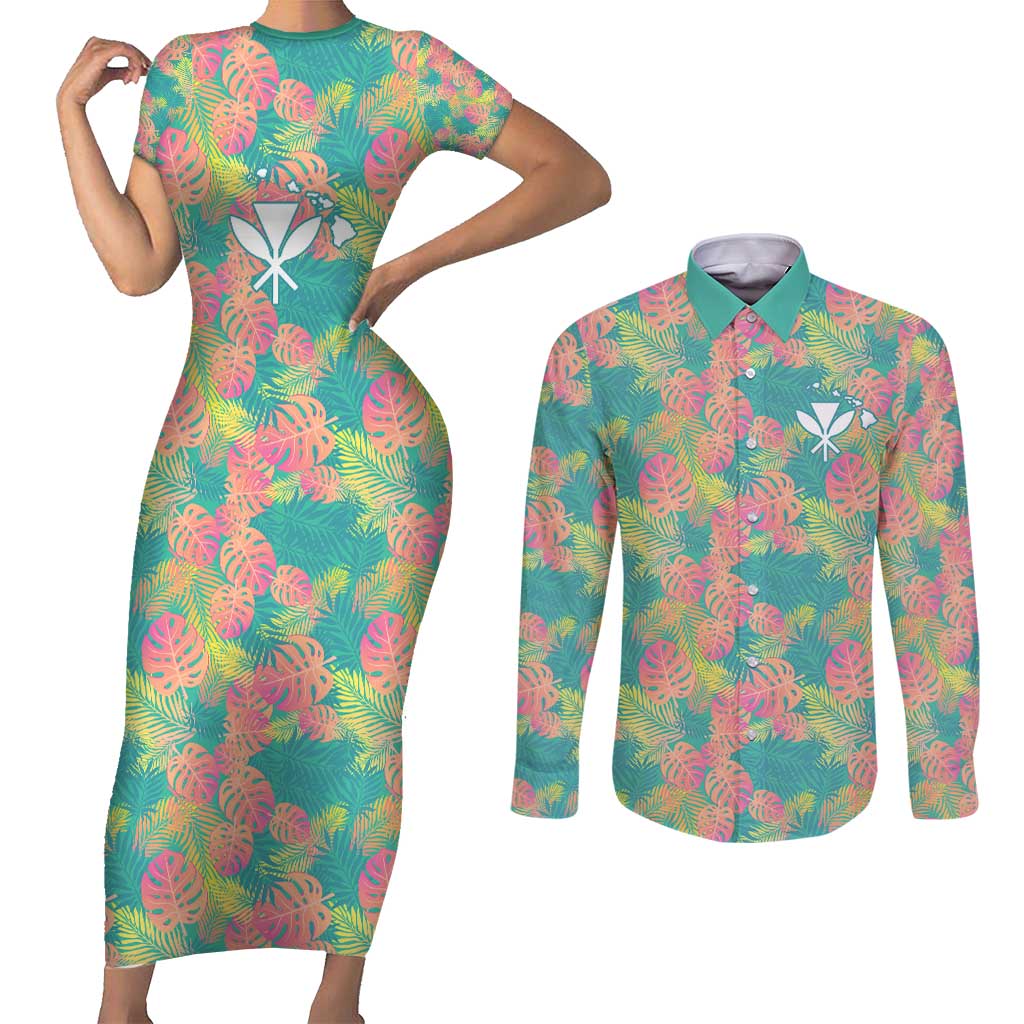 Personalised Seamless Hawaiian Quilt Pattern Couples Matching Short Sleeve Bodycon Dress and Long Sleeve Button Shirt Hawaii Culture Palm Leaf Tropical LT9 Beige - Polynesian Pride
