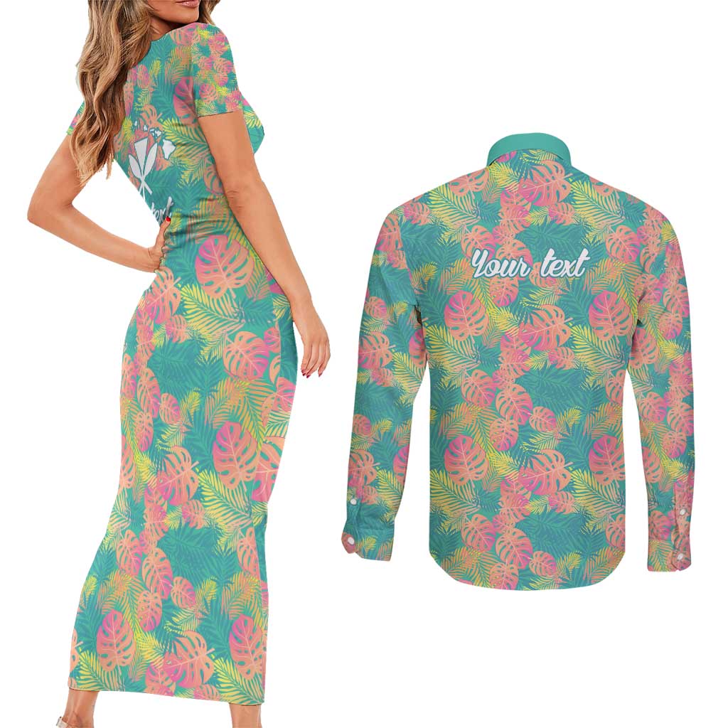 Personalised Seamless Hawaiian Quilt Pattern Couples Matching Short Sleeve Bodycon Dress and Long Sleeve Button Shirt Hawaii Culture Palm Leaf Tropical LT9 - Polynesian Pride