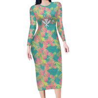 Personalised Seamless Hawaiian Quilt Pattern Family Matching Long Sleeve Bodycon Dress and Hawaiian Shirt Hawaii Culture Palm Leaf Tropical LT9 Mom's Dress Beige - Polynesian Pride