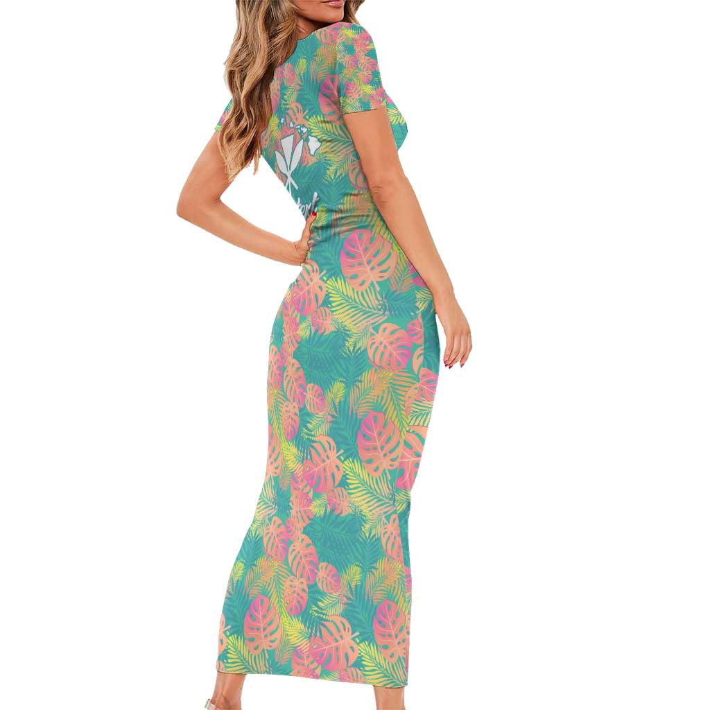Seamless Hawaiian Quilt Pattern Short Sleeve Bodycon Dress Hawaii Culture Palm Leaf Tropical - Polynesian Pride