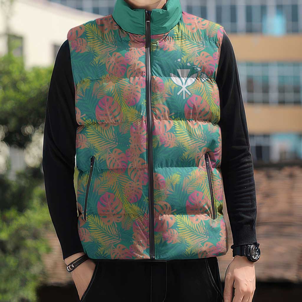 Seamless Hawaiian Quilt Pattern Sleeveless Puffer Jacket Hawaii Culture Palm Leaf Tropical - Polynesian Pride