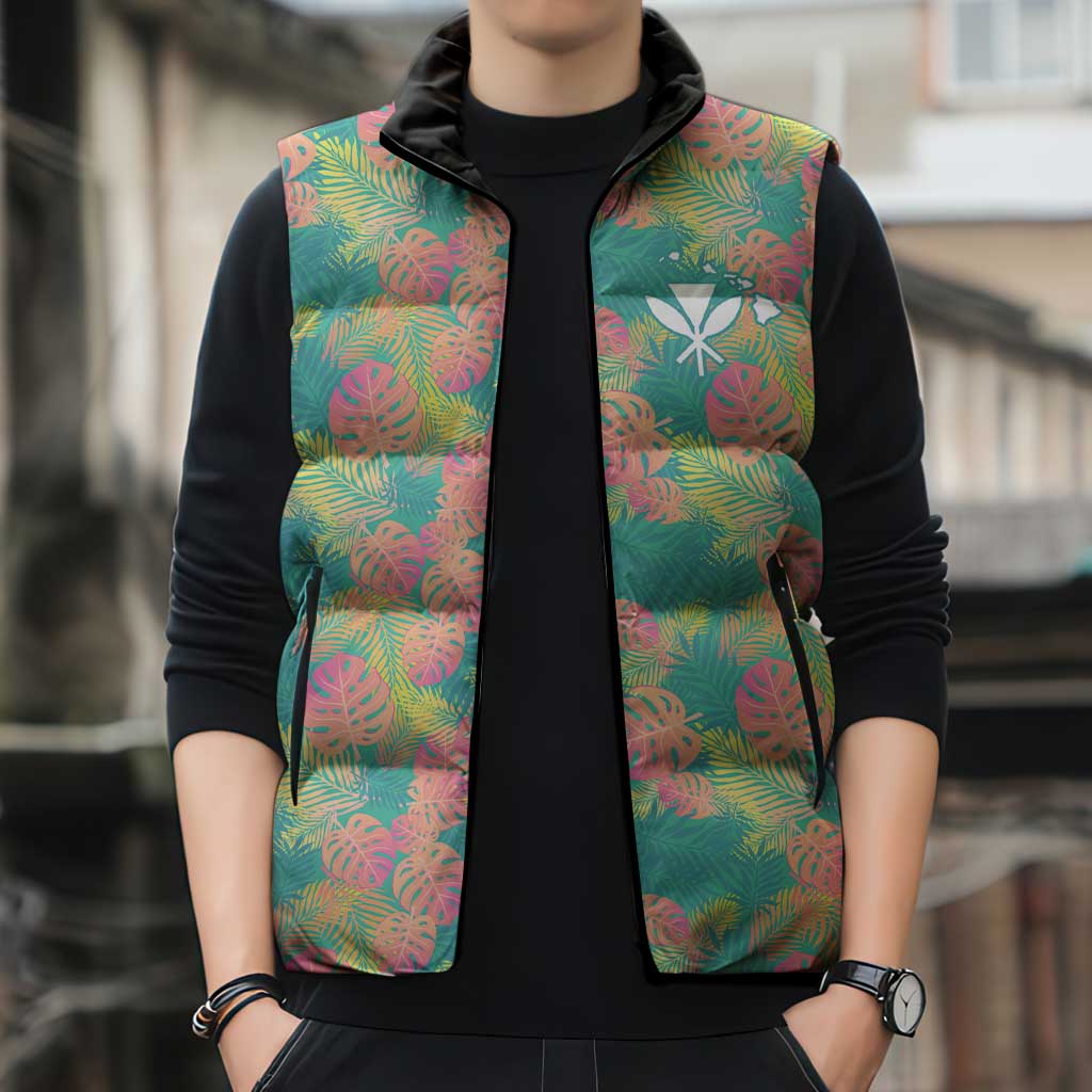 Seamless Hawaiian Quilt Pattern Sleeveless Puffer Jacket Hawaii Culture Palm Leaf Tropical - Polynesian Pride