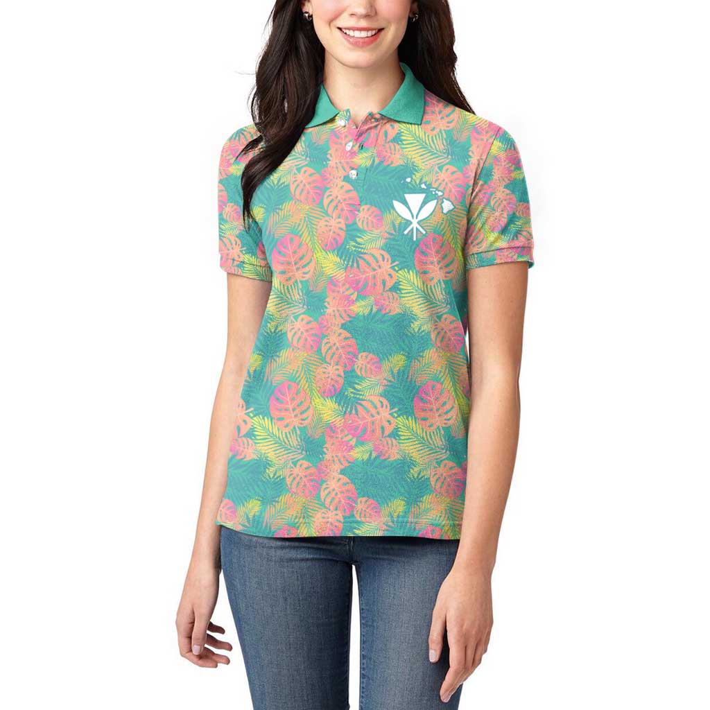 Seamless Hawaiian Quilt Pattern Women Polo Shirt Hawaii Culture Palm Leaf Tropical - Polynesian Pride