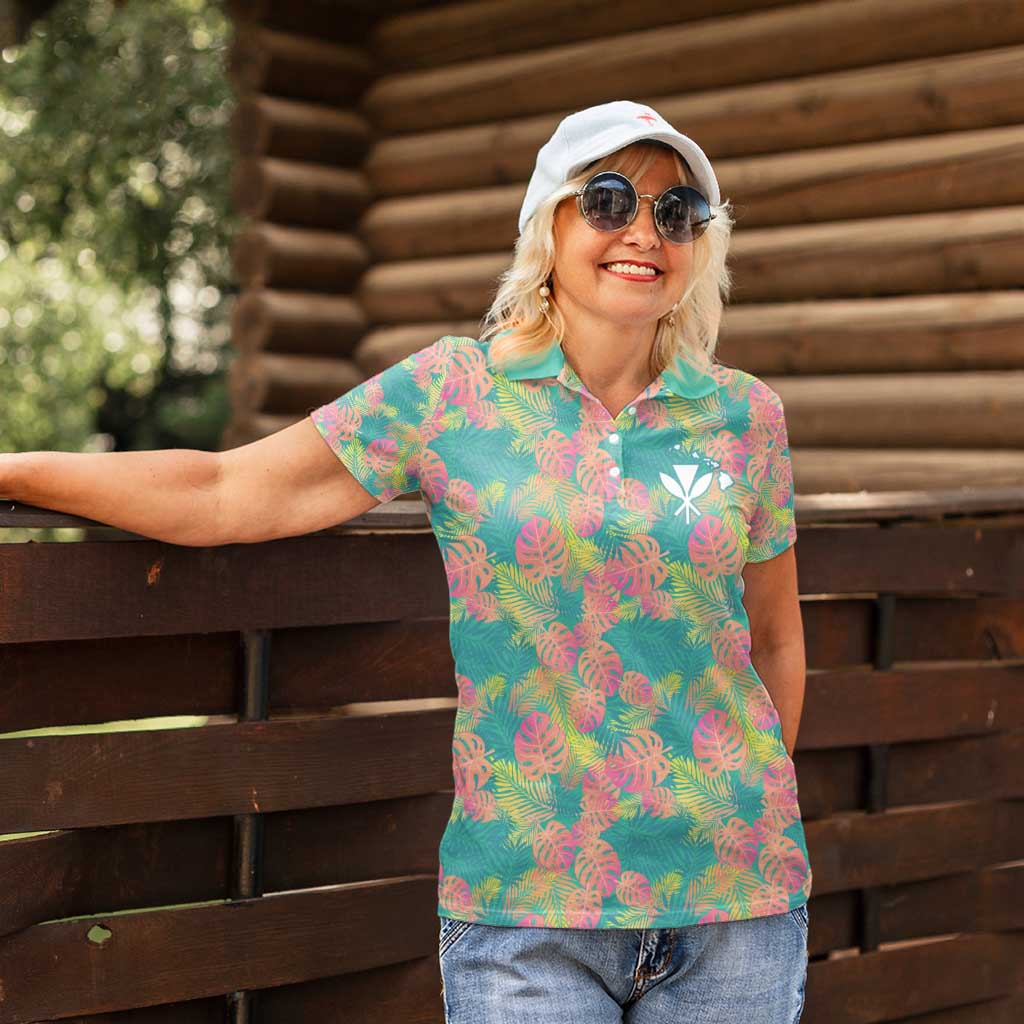 Seamless Hawaiian Quilt Pattern Women Polo Shirt Hawaii Culture Palm Leaf Tropical - Polynesian Pride
