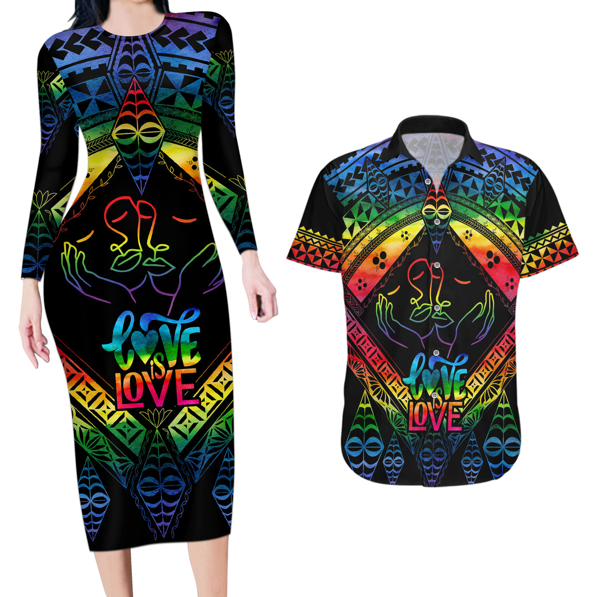 Tonga LGBT Couples Matching Long Sleeve Bodycon Dress and Hawaiian Shirt Love Is Love Ngatu Rainbow Water Color LT9 Black - Polynesian Pride
