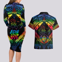 Tonga LGBT Couples Matching Long Sleeve Bodycon Dress and Hawaiian Shirt Love Is Love Ngatu Rainbow Water Color LT9 - Polynesian Pride