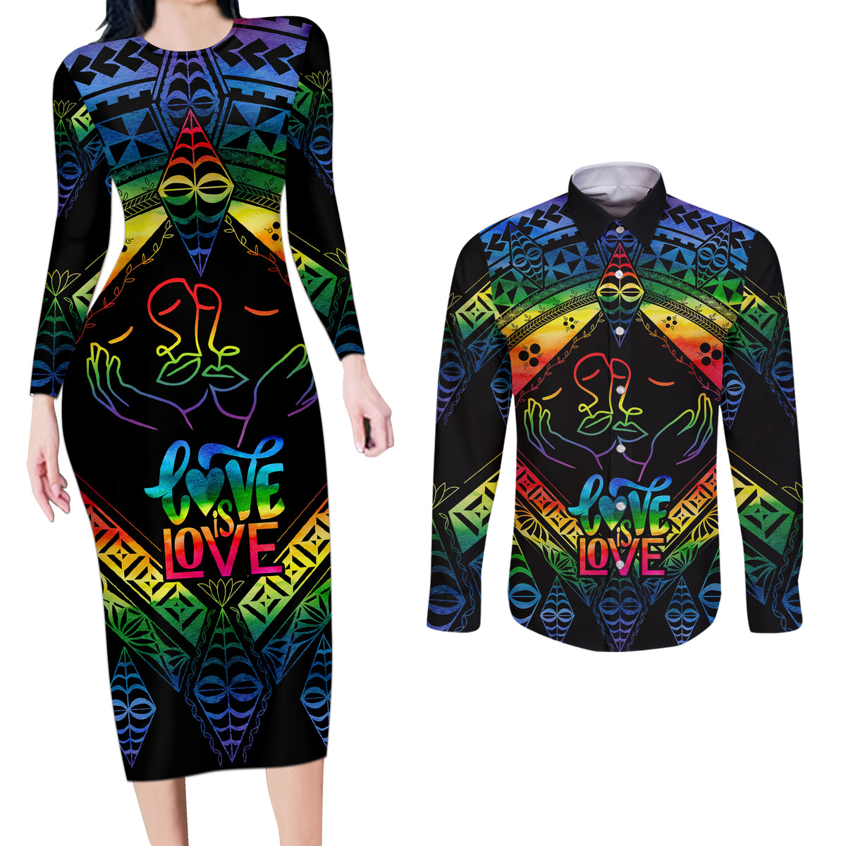 Tonga LGBT Couples Matching Long Sleeve Bodycon Dress and Long Sleeve Button Shirts Love Is Love Ngatu Rainbow Water Color LT9 Black - Polynesian Pride