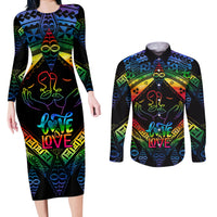 Tonga LGBT Couples Matching Long Sleeve Bodycon Dress and Long Sleeve Button Shirts Love Is Love Ngatu Rainbow Water Color LT9 Black - Polynesian Pride