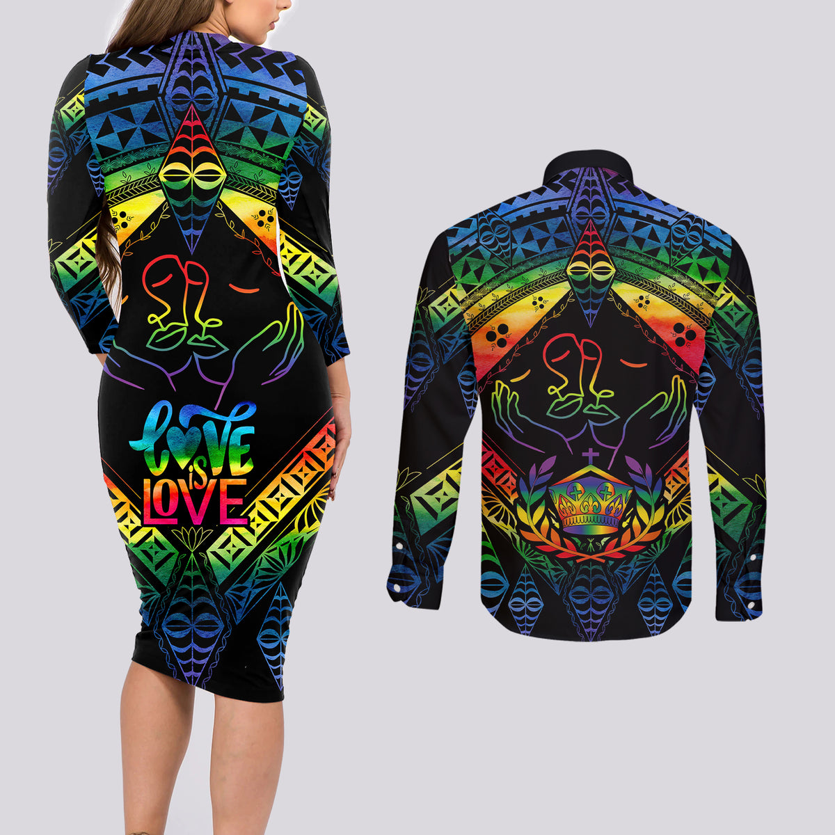 Tonga LGBT Couples Matching Long Sleeve Bodycon Dress and Long Sleeve Button Shirts Love Is Love Ngatu Rainbow Water Color LT9 - Polynesian Pride