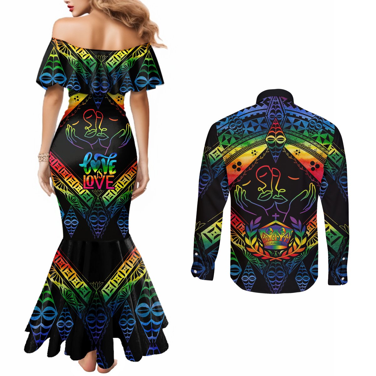 Tonga LGBT Couples Matching Mermaid Dress and Long Sleeve Button Shirts Love Is Love Ngatu Rainbow Water Color LT9 - Polynesian Pride