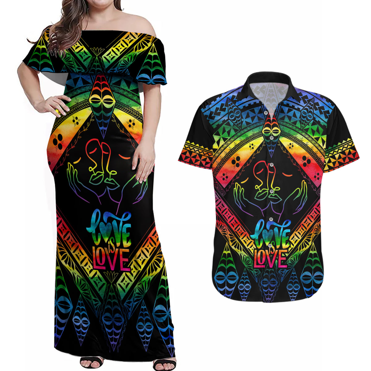 Tonga LGBT Couples Matching Off Shoulder Maxi Dress and Hawaiian Shirt Love Is Love Ngatu Rainbow Water Color LT9 Black - Polynesian Pride