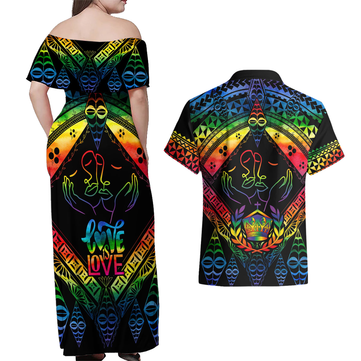 Tonga LGBT Couples Matching Off Shoulder Maxi Dress and Hawaiian Shirt Love Is Love Ngatu Rainbow Water Color LT9 - Polynesian Pride