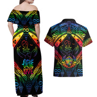 Tonga LGBT Couples Matching Off Shoulder Maxi Dress and Hawaiian Shirt Love Is Love Ngatu Rainbow Water Color LT9 - Polynesian Pride