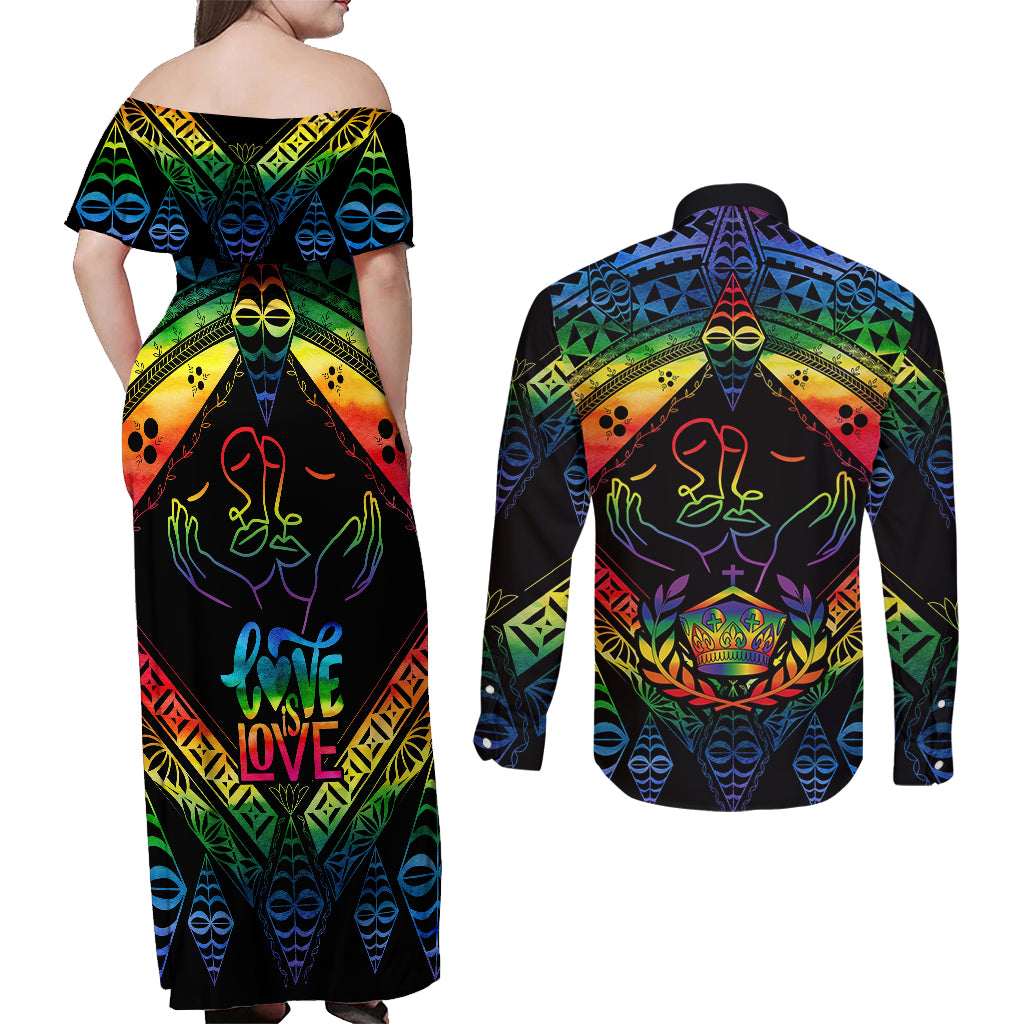 Tonga LGBT Couples Matching Off Shoulder Maxi Dress and Long Sleeve Button Shirts Love Is Love Ngatu Rainbow Water Color LT9 - Polynesian Pride