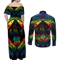Tonga LGBT Couples Matching Off Shoulder Maxi Dress and Long Sleeve Button Shirts Love Is Love Ngatu Rainbow Water Color LT9 - Polynesian Pride