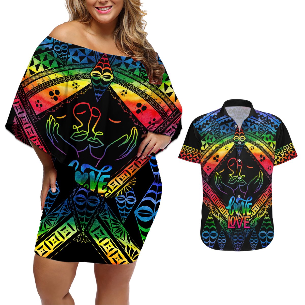 Tonga LGBT Couples Matching Off Shoulder Short Dress and Hawaiian Shirt Love Is Love Ngatu Rainbow Water Color LT9 Black - Polynesian Pride