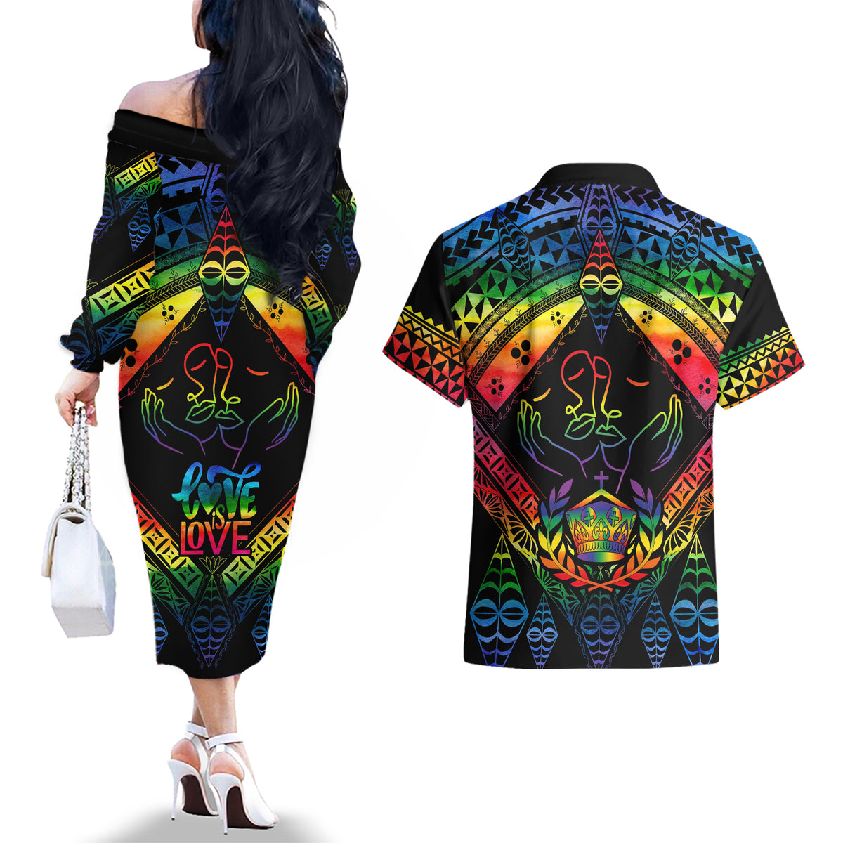 Tonga LGBT Couples Matching Off The Shoulder Long Sleeve Dress and Hawaiian Shirt Love Is Love Ngatu Rainbow Water Color LT9 - Polynesian Pride