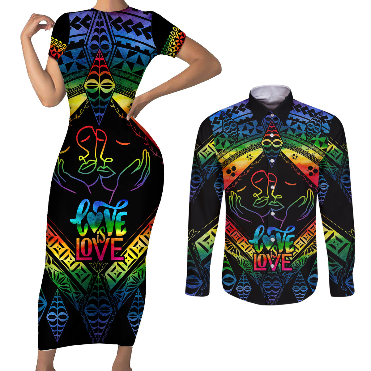 Tonga LGBT Couples Matching Short Sleeve Bodycon Dress and Long Sleeve Button Shirts Love Is Love Ngatu Rainbow Water Color LT9 Black - Polynesian Pride