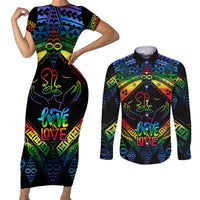 Tonga LGBT Couples Matching Short Sleeve Bodycon Dress and Long Sleeve Button Shirts Love Is Love Ngatu Rainbow Water Color LT9 Black - Polynesian Pride