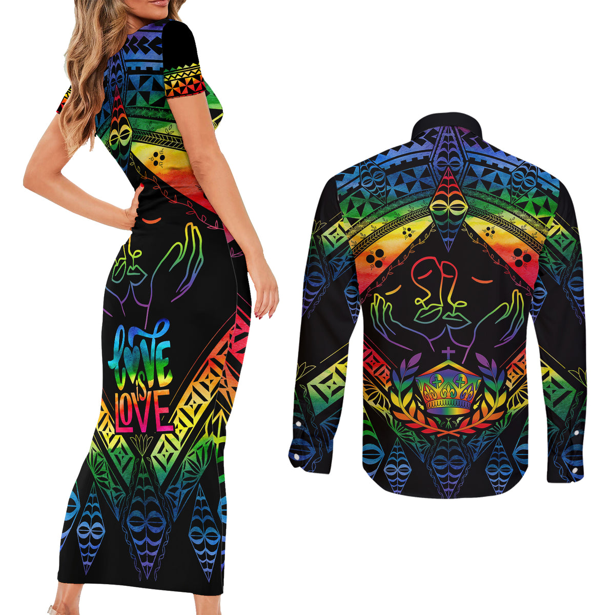 Tonga LGBT Couples Matching Short Sleeve Bodycon Dress and Long Sleeve Button Shirts Love Is Love Ngatu Rainbow Water Color LT9 - Polynesian Pride