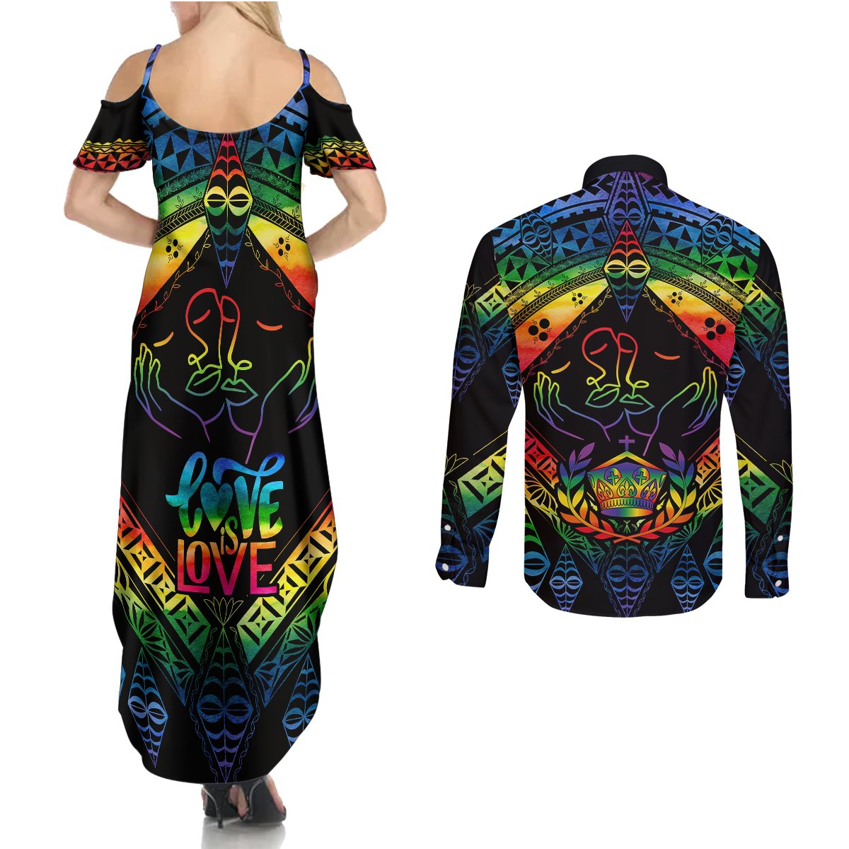 Tonga LGBT Couples Matching Summer Maxi Dress and Long Sleeve Button Shirts Love Is Love Ngatu Rainbow Water Color LT9 - Polynesian Pride