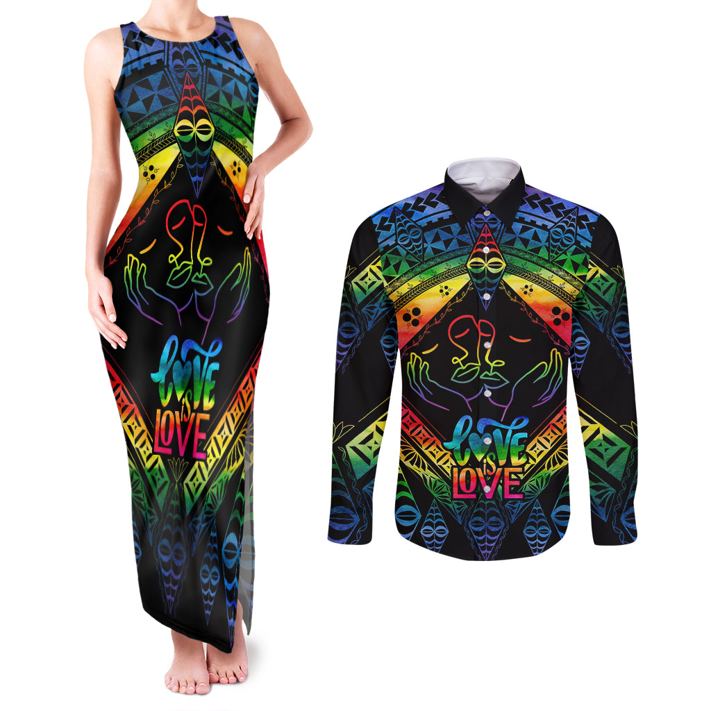 Tonga LGBT Couples Matching Tank Maxi Dress and Long Sleeve Button Shirts Love Is Love Ngatu Rainbow Water Color LT9 Black - Polynesian Pride