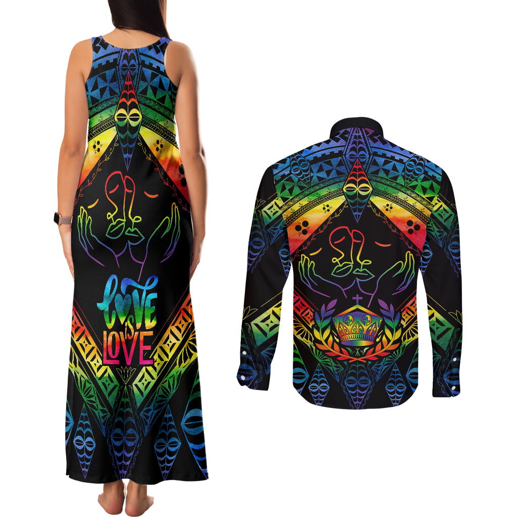 Tonga LGBT Couples Matching Tank Maxi Dress and Long Sleeve Button Shirts Love Is Love Ngatu Rainbow Water Color LT9 - Polynesian Pride