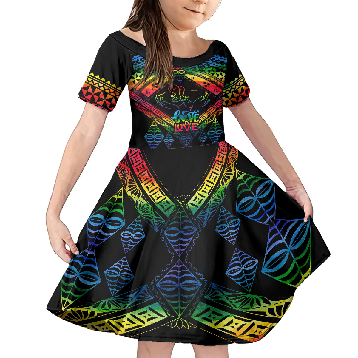 Tonga LGBT Family Matching Off Shoulder Short Dress and Hawaiian Shirt Love Is Love Ngatu Rainbow Water Color LT9 Daughter's Dress Black - Polynesian Pride