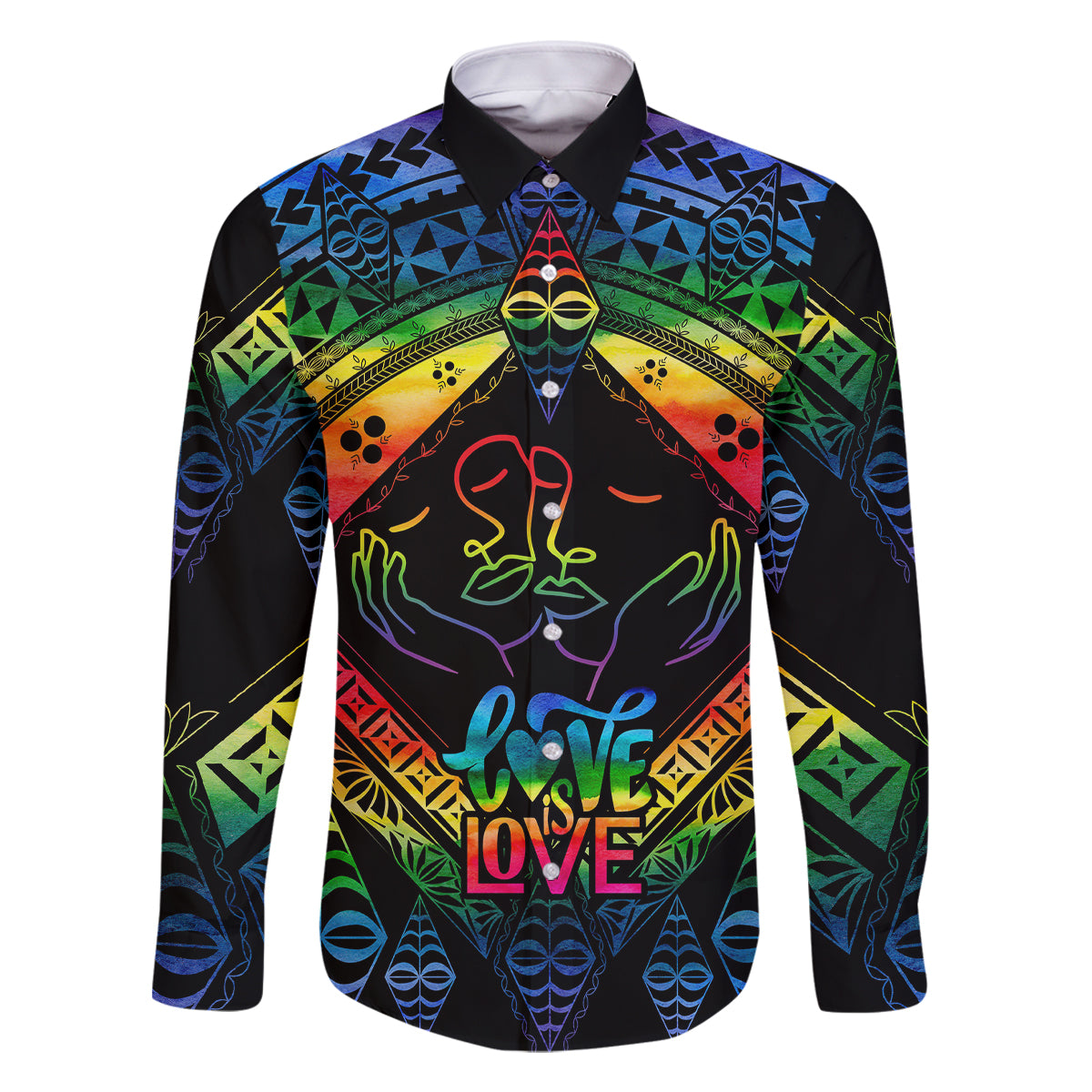 Tonga LGBT Family Matching Tank Maxi Dress and Hawaiian Shirt Love Is Love Ngatu Rainbow Water Color LT9 Dad's Shirt - Long Sleeve Black - Polynesian Pride