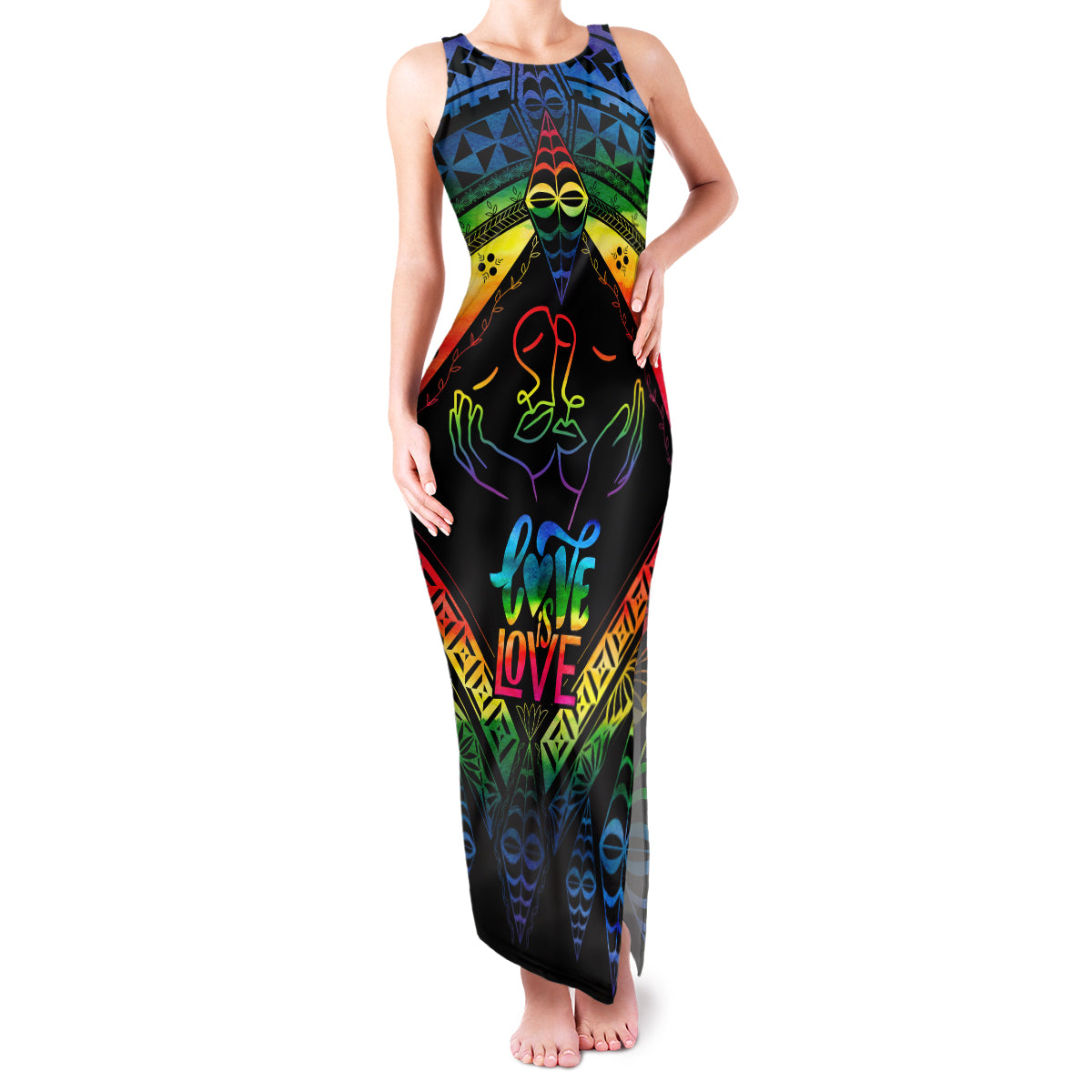 Tonga LGBT Family Matching Tank Maxi Dress and Hawaiian Shirt Love Is Love Ngatu Rainbow Water Color LT9 Mom's Dress Black - Polynesian Pride