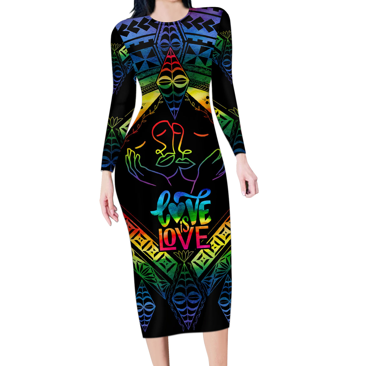 Tonga LGBT Long Sleeve Bodycon Dress Love Is Love Ngatu Rainbow Water Color LT9 Long Dress Black - Polynesian Pride