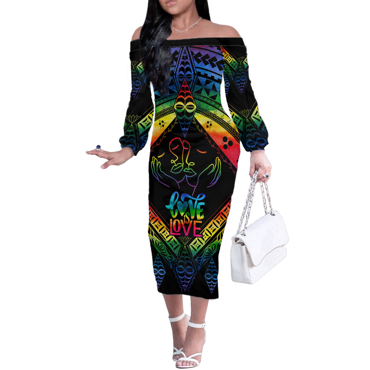 Tonga LGBT Off The Shoulder Long Sleeve Dress Love Is Love Ngatu Rainbow Water Color LT9 Women Black - Polynesian Pride