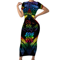 Tonga LGBT Short Sleeve Bodycon Dress Love Is Love Ngatu Rainbow Water Color LT9 Long Dress Black - Polynesian Pride