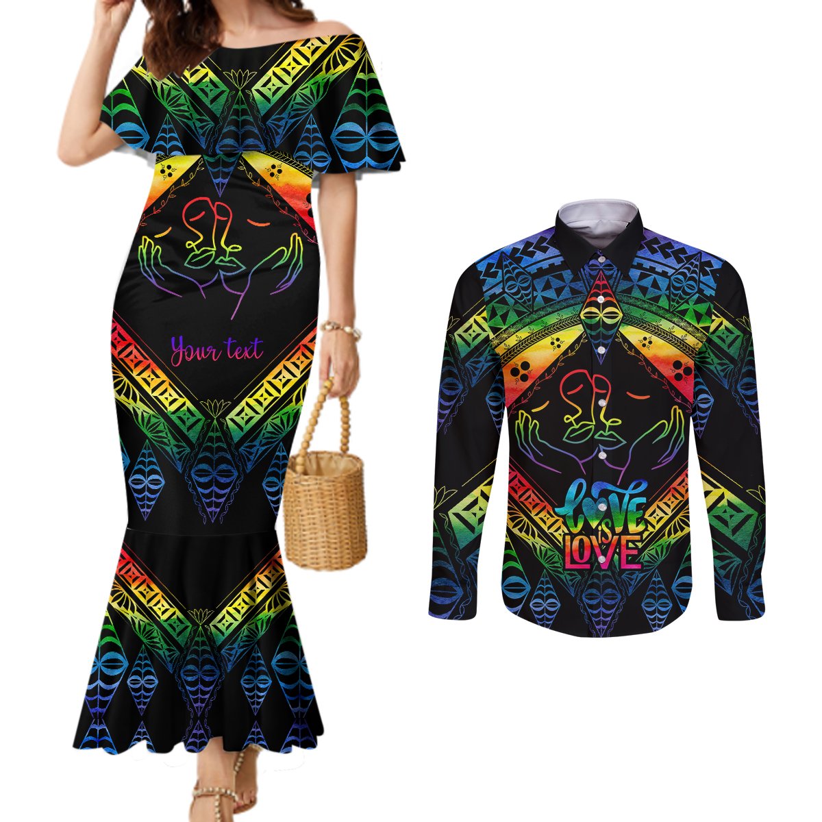 Personalised Tonga LGBT Couples Matching Mermaid Dress and Long Sleeve Button Shirts Love Is Love Ngatu Rainbow Water Color LT9 Black - Polynesian Pride