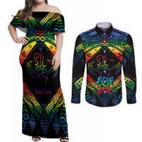 Personalised Tonga LGBT Couples Matching Off Shoulder Maxi Dress and Long Sleeve Button Shirts Love Is Love Ngatu Rainbow Water Color LT9 Black - Polynesian Pride