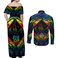 Personalised Tonga LGBT Couples Matching Off Shoulder Maxi Dress and Long Sleeve Button Shirts Love Is Love Ngatu Rainbow Water Color LT9 - Polynesian Pride