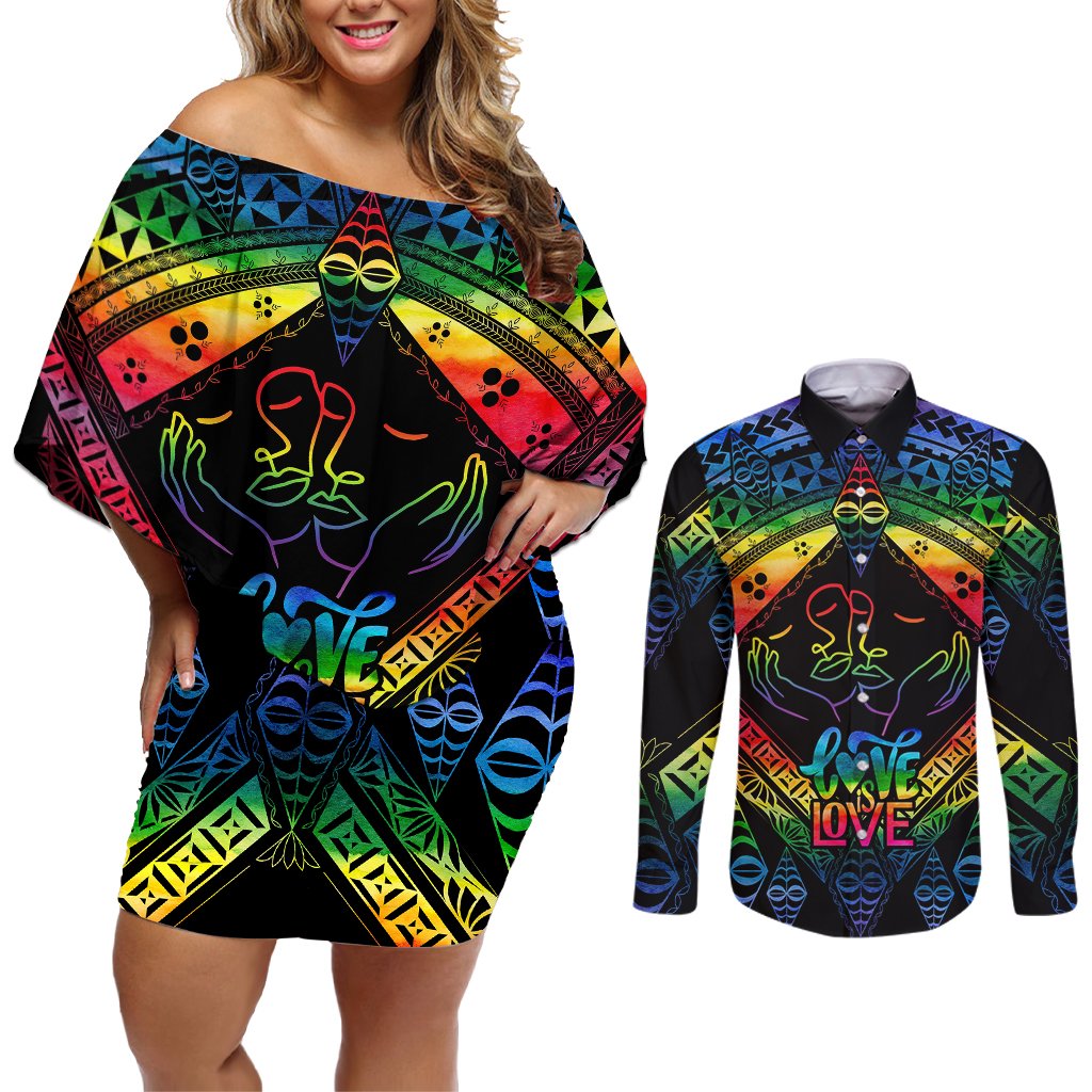 Personalised Tonga LGBT Couples Matching Off Shoulder Short Dress and Long Sleeve Button Shirts Love Is Love Ngatu Rainbow Water Color LT9 Black - Polynesian Pride