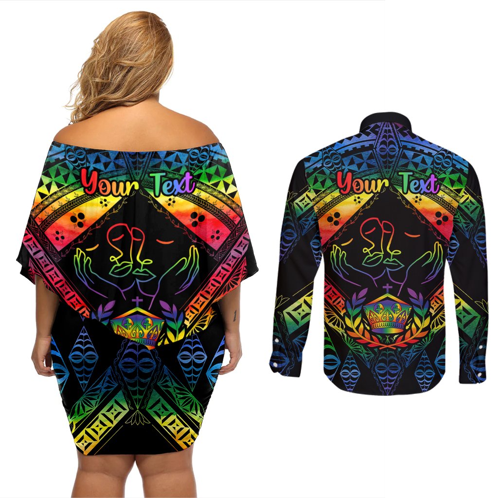 Personalised Tonga LGBT Couples Matching Off Shoulder Short Dress and Long Sleeve Button Shirts Love Is Love Ngatu Rainbow Water Color LT9 - Polynesian Pride