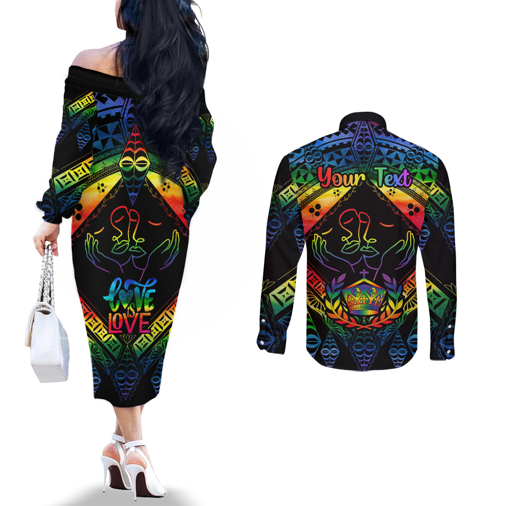 Personalised Tonga LGBT Couples Matching Off The Shoulder Long Sleeve Dress and Long Sleeve Button Shirts Love Is Love Ngatu Rainbow Water Color LT9 - Polynesian Pride