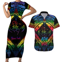 Personalised Tonga LGBT Couples Matching Short Sleeve Bodycon Dress and Hawaiian Shirt Love Is Love Ngatu Rainbow Water Color LT9 Black - Polynesian Pride