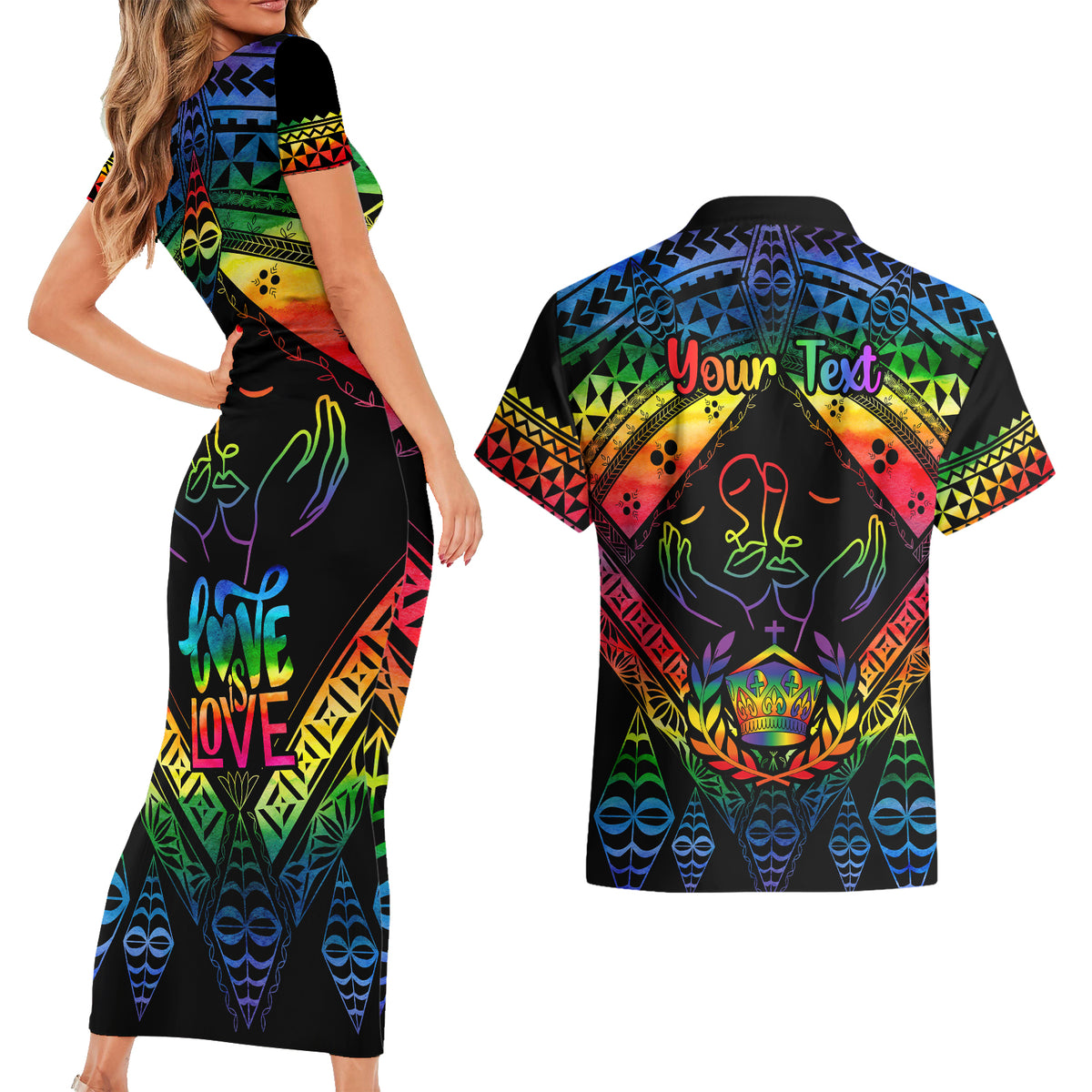 Personalised Tonga LGBT Couples Matching Short Sleeve Bodycon Dress and Hawaiian Shirt Love Is Love Ngatu Rainbow Water Color LT9 - Polynesian Pride