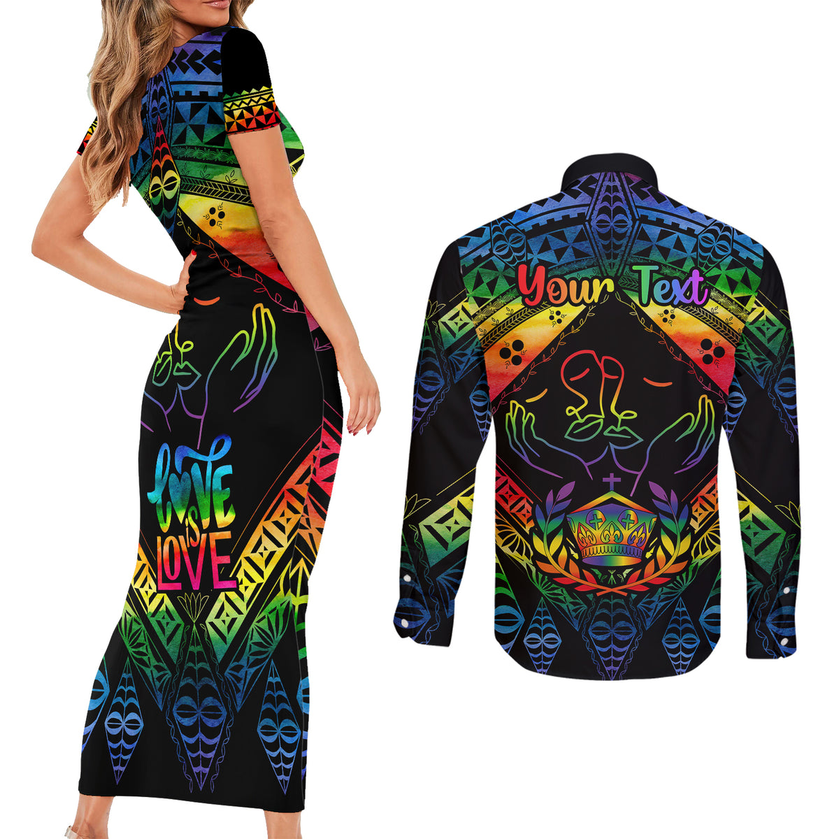 Personalised Tonga LGBT Couples Matching Short Sleeve Bodycon Dress and Long Sleeve Button Shirts Love Is Love Ngatu Rainbow Water Color LT9 - Polynesian Pride