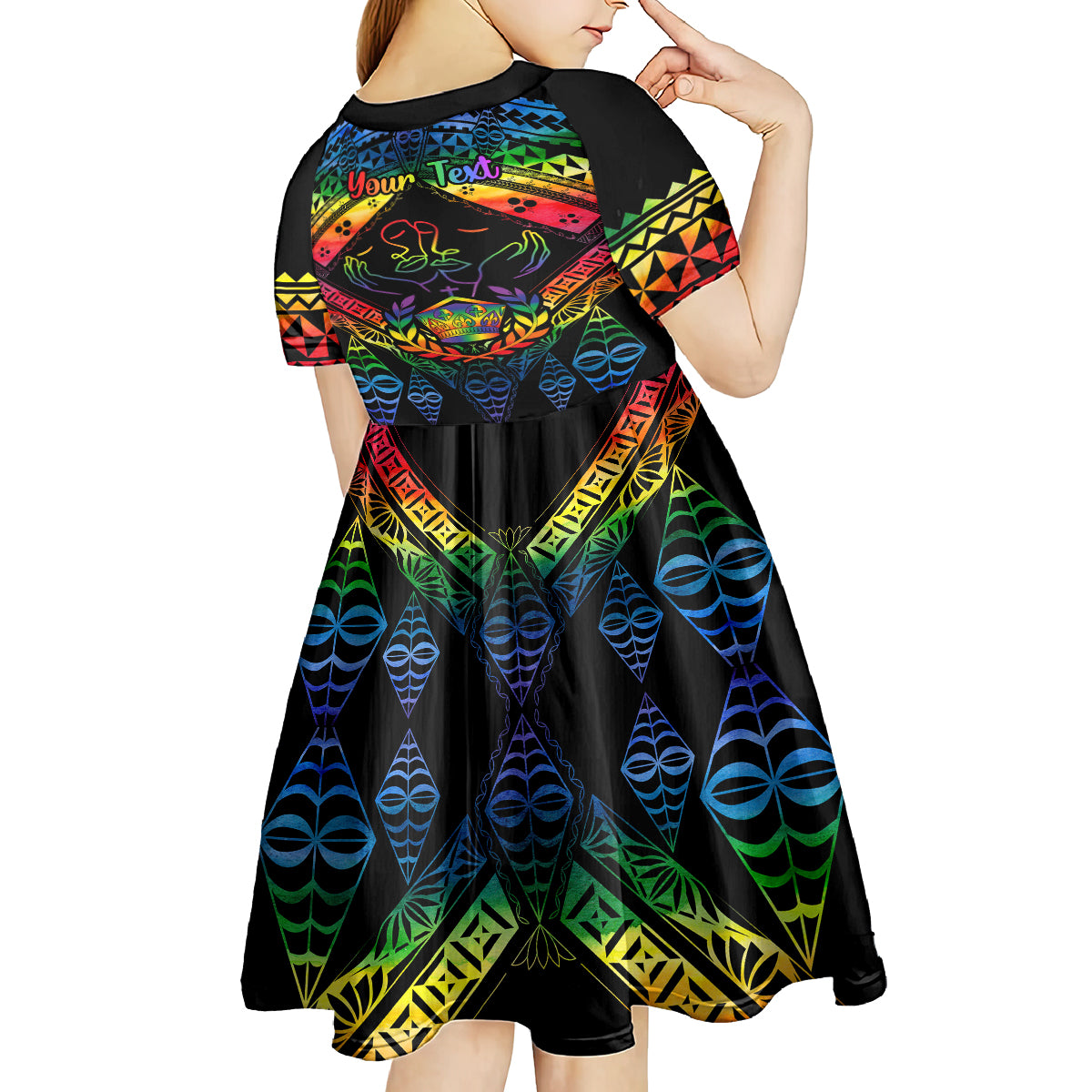 personalised-tonga-lgbt-kid-short-sleeve-dress-love-is-love-ngatu-rainbow-water-color
