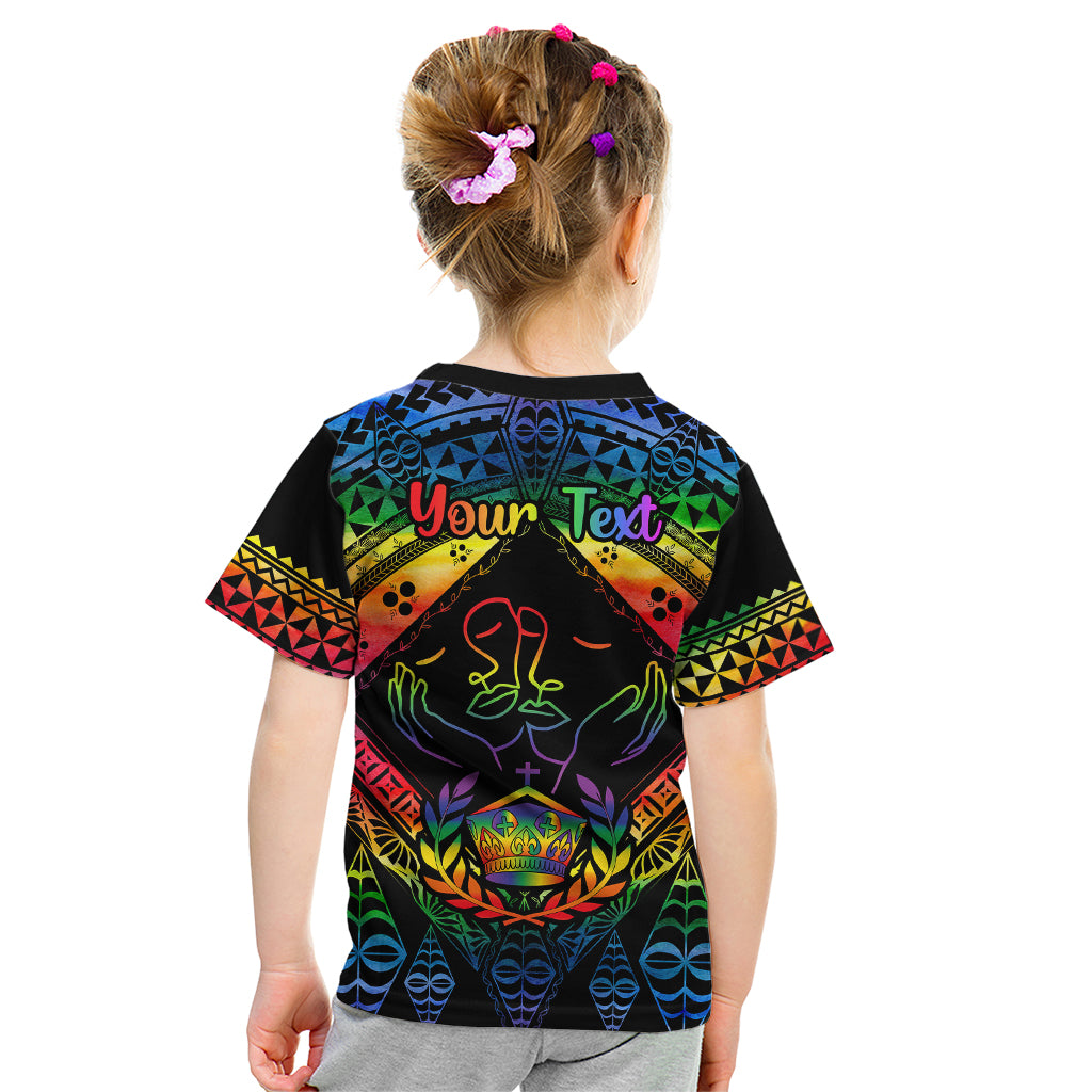 Personalised Tonga LGBT Kid T Shirt Love Is Love Ngatu Rainbow Water Color LT9 - Polynesian Pride