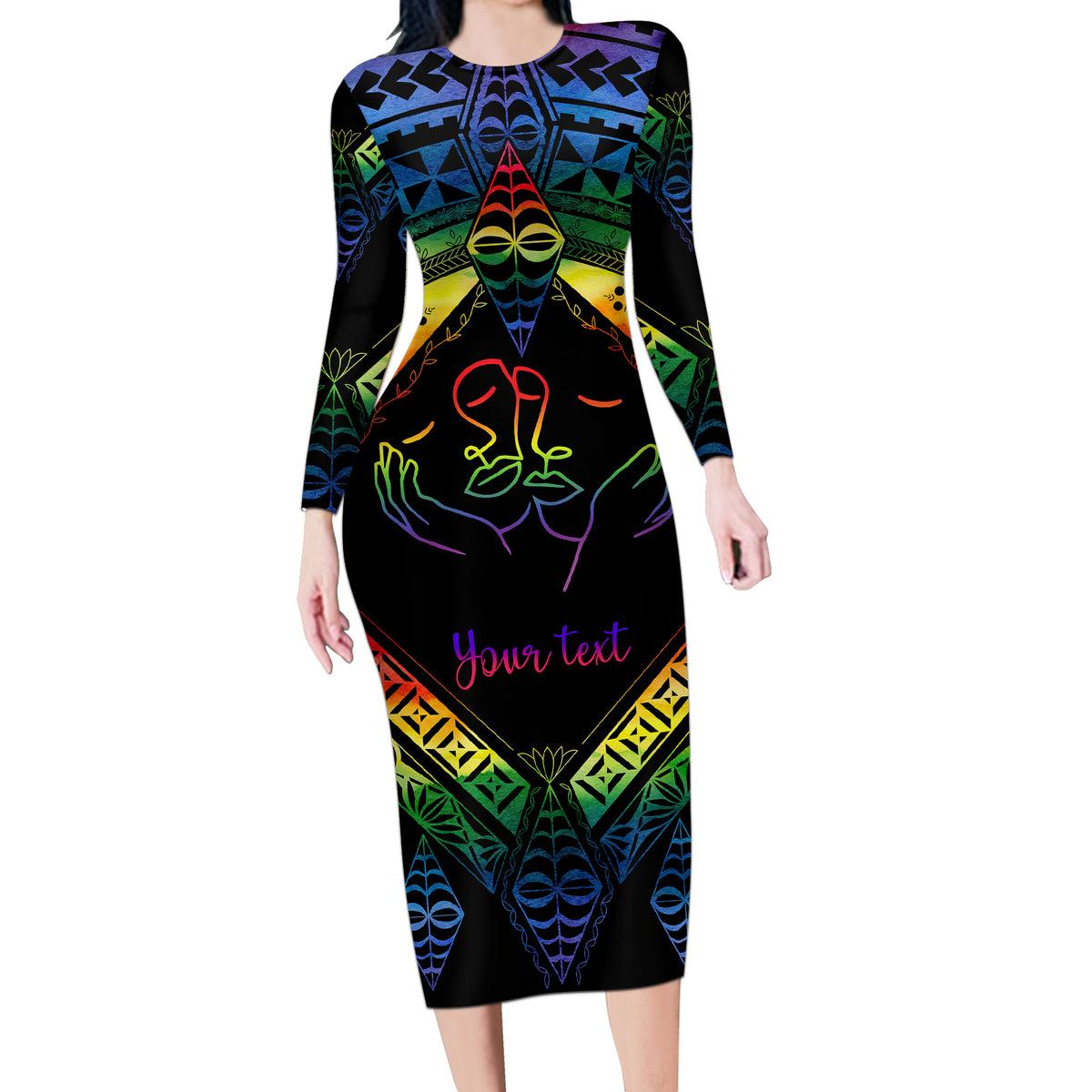 Personalised Tonga LGBT Long Sleeve Bodycon Dress Love Is Love Ngatu Rainbow Water Color LT9 Long Dress Black - Polynesian Pride