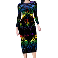 Personalised Tonga LGBT Long Sleeve Bodycon Dress Love Is Love Ngatu Rainbow Water Color LT9 Long Dress Black - Polynesian Pride