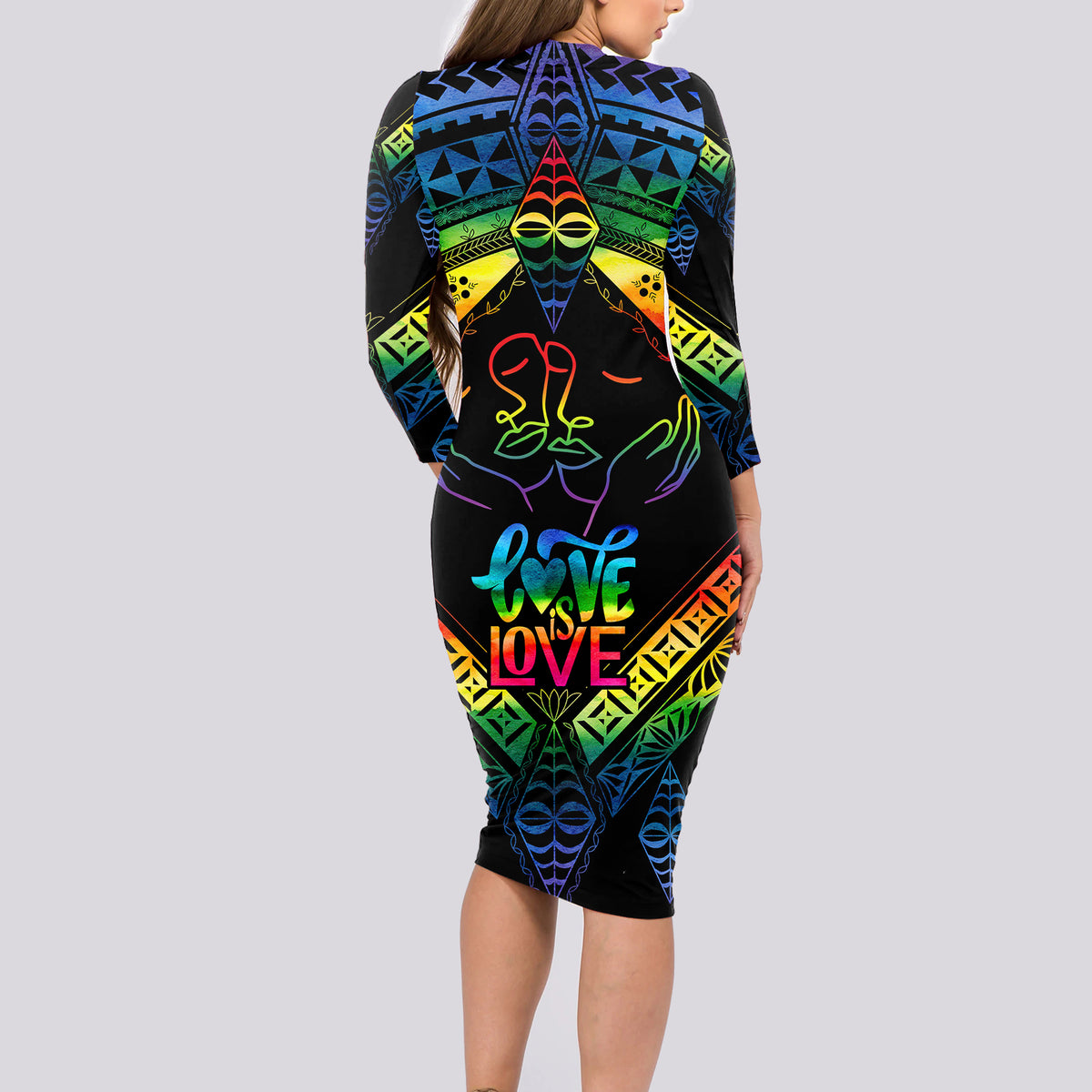 Personalised Tonga LGBT Long Sleeve Bodycon Dress Love Is Love Ngatu Rainbow Water Color LT9 - Polynesian Pride