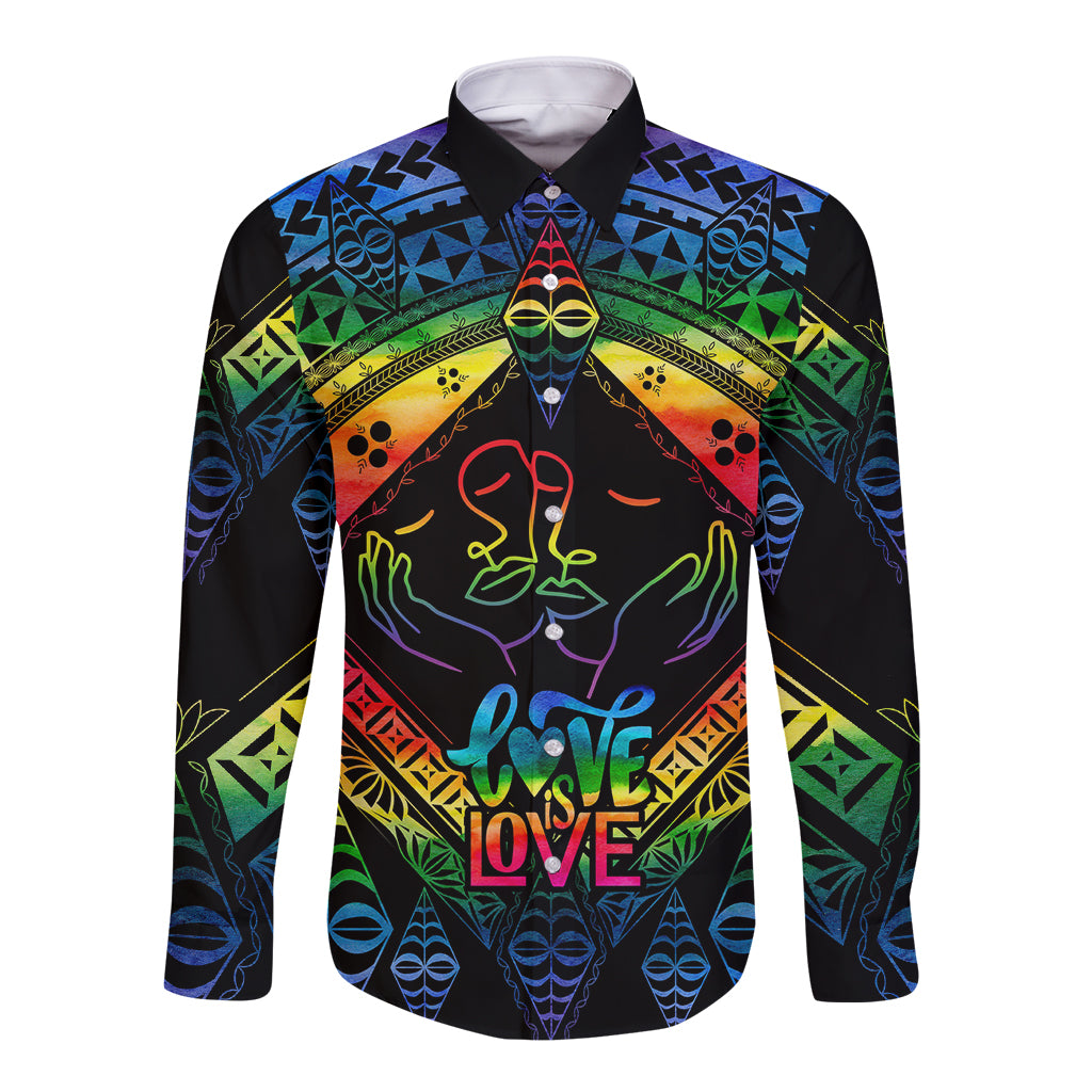 Personalised Tonga LGBT Long Sleeve Button Shirt Love Is Love Ngatu Rainbow Water Color LT9 Unisex Black - Polynesian Pride