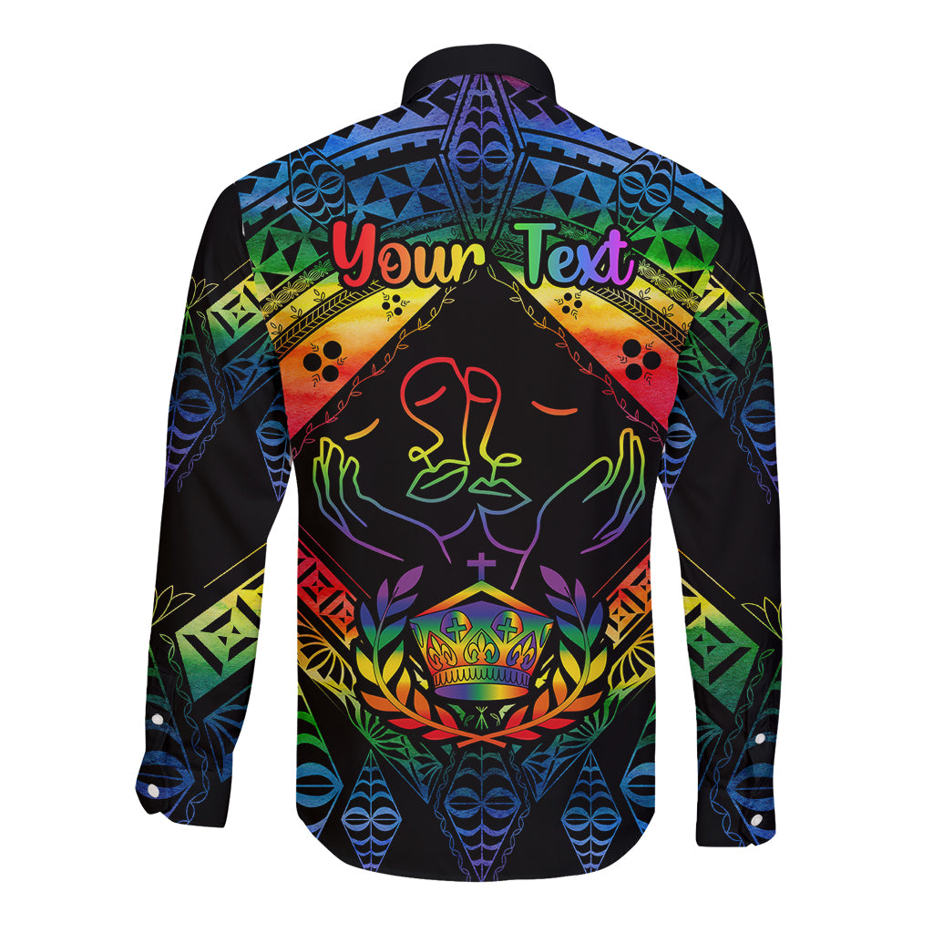 Personalised Tonga LGBT Long Sleeve Button Shirt Love Is Love Ngatu Rainbow Water Color LT9 - Polynesian Pride