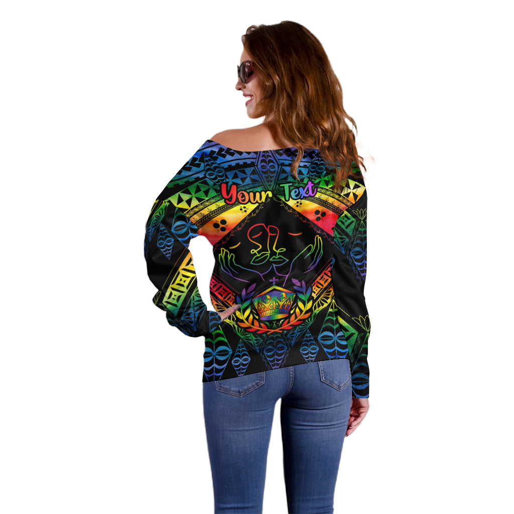 personalised-tonga-lgbt-off-shoulder-sweater-love-is-love-ngatu-rainbow-water-color